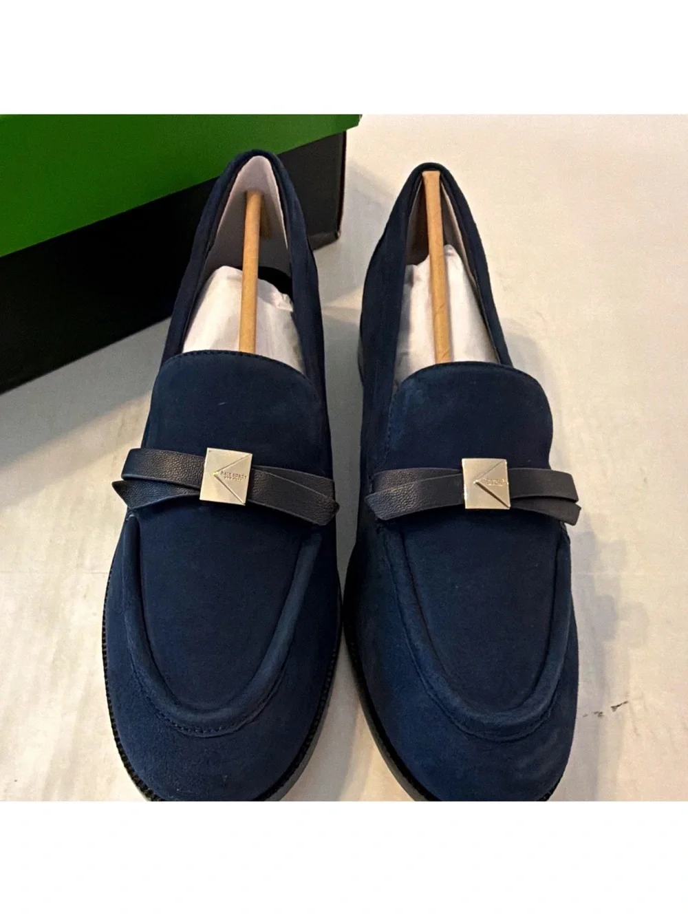 Kate Spade Deco Bow Navy Suede Loafers with Leather Strap and Metal Accent